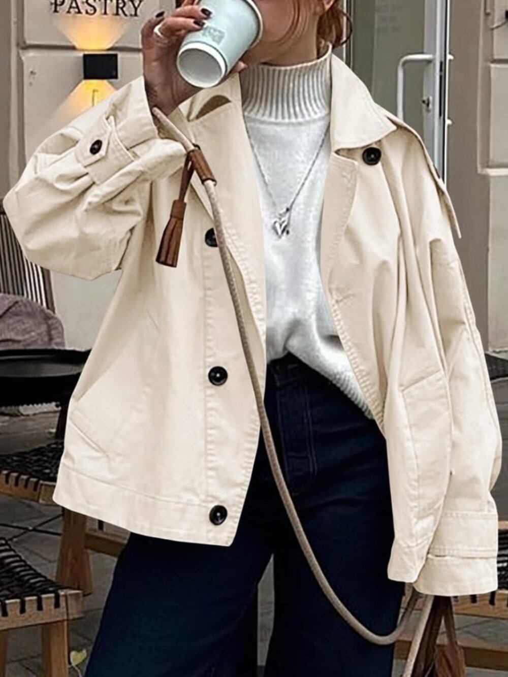 Tankaneo Oversized Trench Coat Size Large Khaki Slouchy Short Jacket Minimalist
